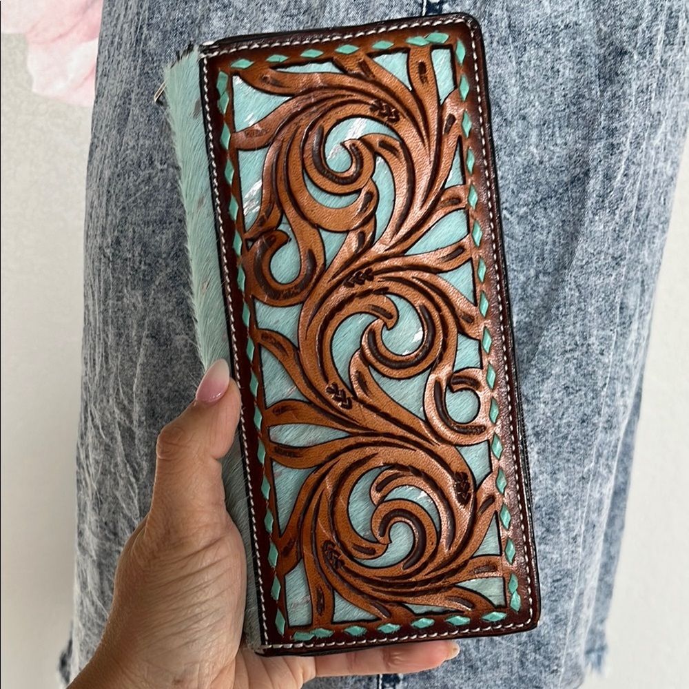 Tooled Leather and Hair on Hide Wallet - Turquoise and Brown